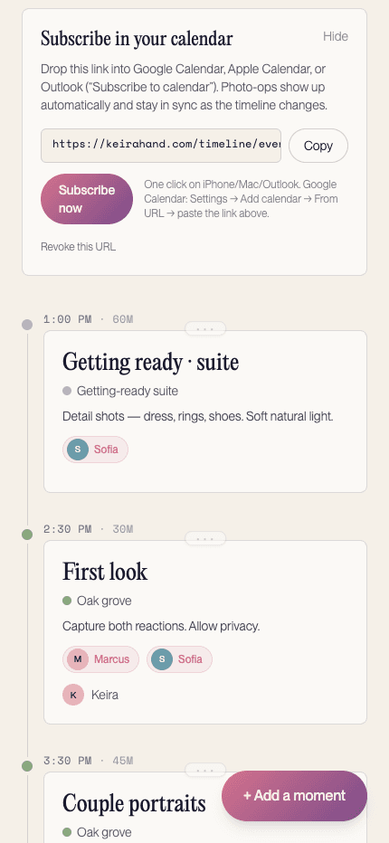 The Subscribe in your calendar panel opened above the timeline, showing the subscription URL, a copy button, and the Subscribe now action