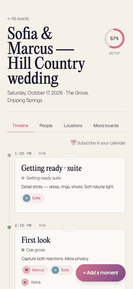A freshly created event page showing the event title, date, setup progress ring, tabs, and the first template moments