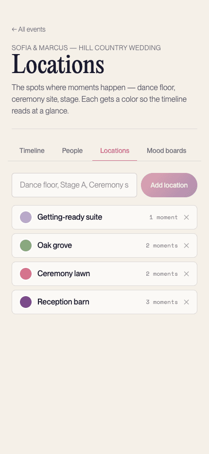 Locations tab: each spot on the day listed with its own color for the timeline