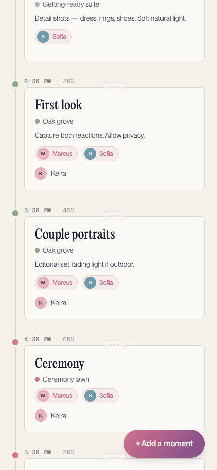 Timeline moments on a phone: First look and Couple portraits at the oak grove with times, durations, the people in each shot, and who's covering it