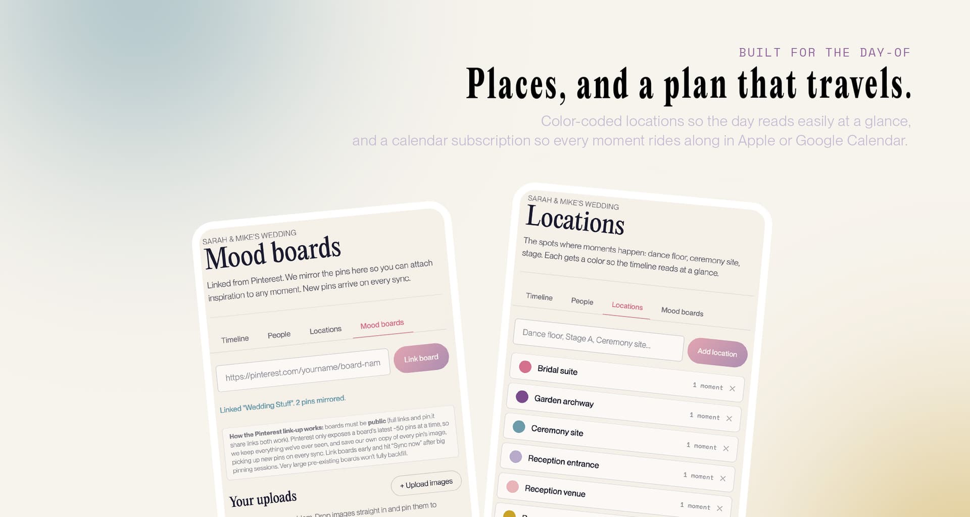 The Timeline tool on two phones: the Locations tab with color-coded spots like the oak grove and reception barn, next to the calendar-subscription panel with a subscribe link.
