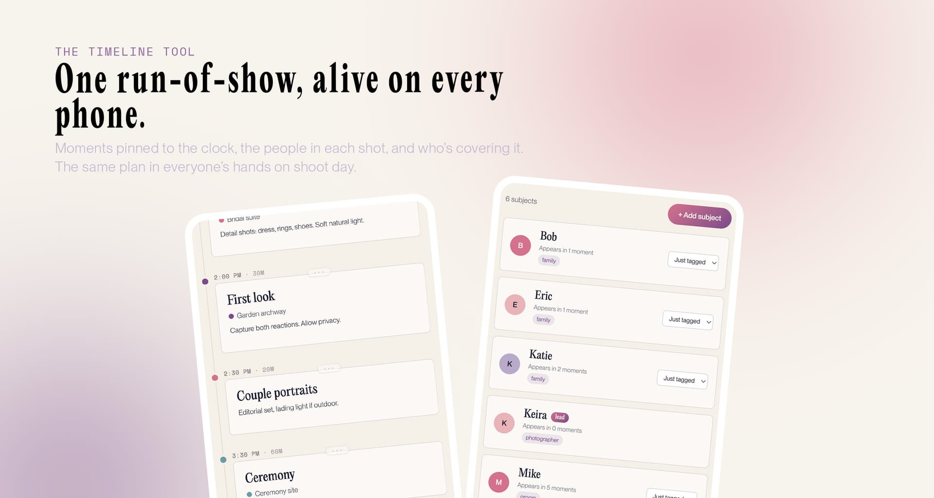 The Timeline tool on two phones: a run-of-show of moments with clock times, locations, and the people in each shot, next to the People tab listing everyone with tags and access levels.
